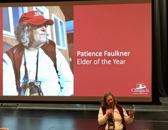Patience Faulkner received the Chugach Alaska Corp.’s 2017 Elder of the Year award Oct. 14, during Chugach’s annual shareholders’ meeting at the Cordova Center. Photo by Angela Butler/For The Cordova Times