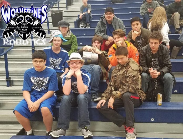 CHS High School Robotics Team watching FTC Southcentral finals, from left, Jackson Perry, Ethan Beckett, Emory Vican, TJ Hatch, James Griffith, James Perry, Dylan Maloney, Micah Whitcomb, Kevin Chung and Tristan Glasen. Photo courtesy CHS robotics team