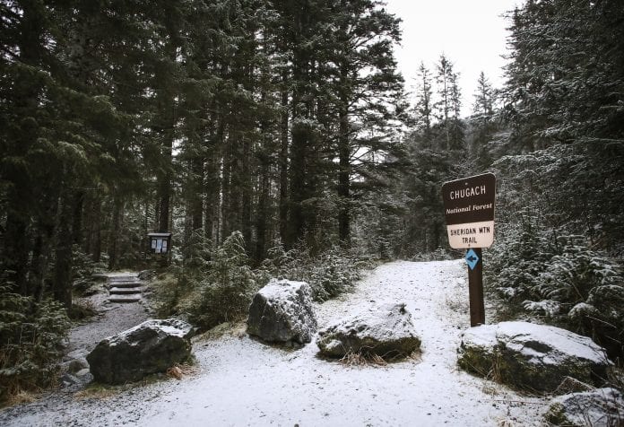 The Sheridan Mountain trailhead as seen on Wednesday, Jan. 10, 2018. On Dec. 26, Cordova resident Emily Taylor became lost while hiking the Sheridan Mountain trail. “I was so tired on the walk out,” she said after being on the trail for eight hours. Photo by Emily Mesner/The Cordova Times