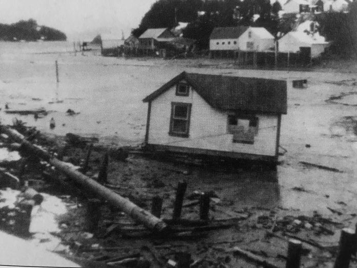 Damage in Odiak Slough caused by the tide surge following the 9.2 earthquake on 27 March 1964. Cordova Historical Society photo