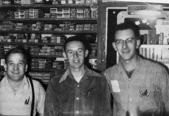 From left, Freddie Lantz, Harry Curran, and Kenny Van Brocklin, working the counter at the Cordova Commercial Company in 1954. Shellhorn Family Collection