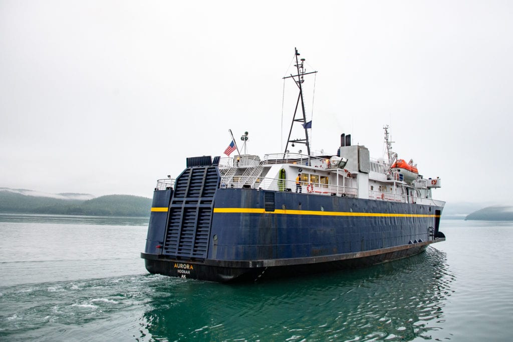 The M/V Aurora departs the Cordova Ferry Terminal. The vessel, seen here on Sunday, July 21, 2019, is not scheduled to service Prince William Sound between October 2019 and April 2020. Photo by Zachary Snowdon Smith/The Cordova Times
