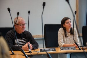 From left: City Manager Alan Lanning and Vice Mayor Melina Meyer listen to a statement from climate change protesters. (Sept. 20, 2019) Photo by Zachary Snowdon Smith/The Cordova Times