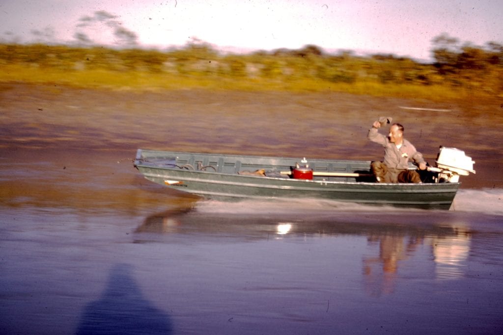 By the early ’60s, our duck hunting craft had advanced to a metal Quachita with 18 hp Johnson, but Dad was still finding great joy in river running. Photo by Dick Shellhorn/for The Cordova Times
