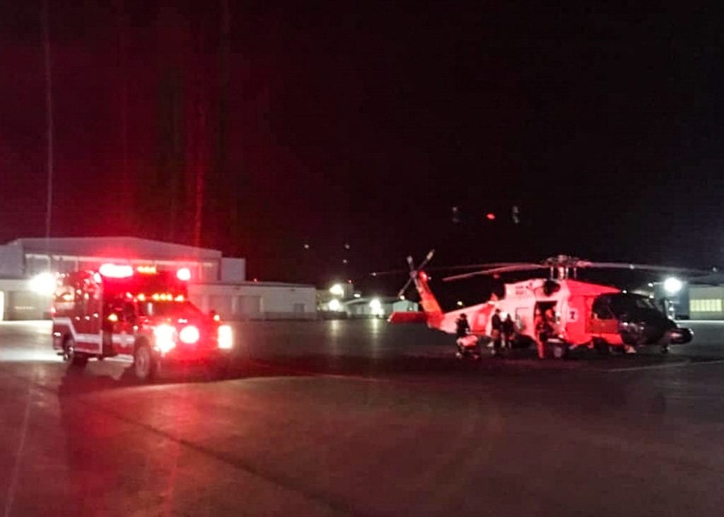 A Coast Guard Air Station Kodiak MH-60 Jayhawk helicopter aircrew medically evacuate an injured hunter from Kodiak Island. (Oct. 25, 2019) Photo courtesy of U.S. Coast Guard District 13