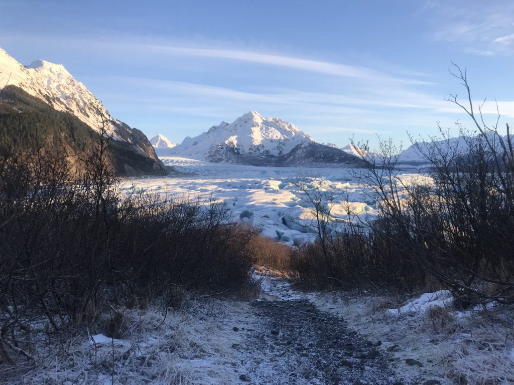 A view of Sheridan Glacier on Jan. 5, 2019 shows ice extending all the way to the bottom of Sheridan Lake Trail. Photo by Dick Shellhorn/for The Cordova Times