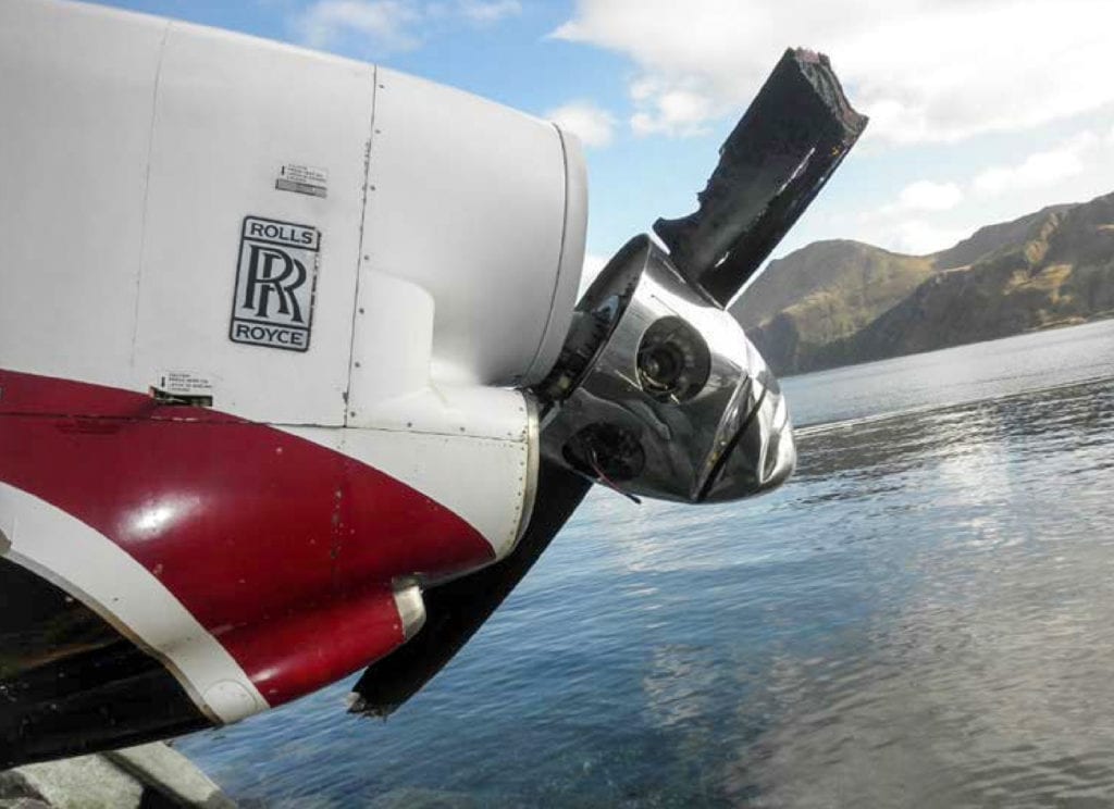 Damage to the plane’s left propeller. Photo courtesy of the National Transportation Safety Board