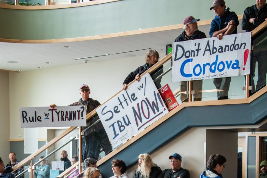Inlandboatmen's Union protesters at the Cordova Center. (July 27, 2019) Photo by Zachary Snowdon Smith/The Cordova Times