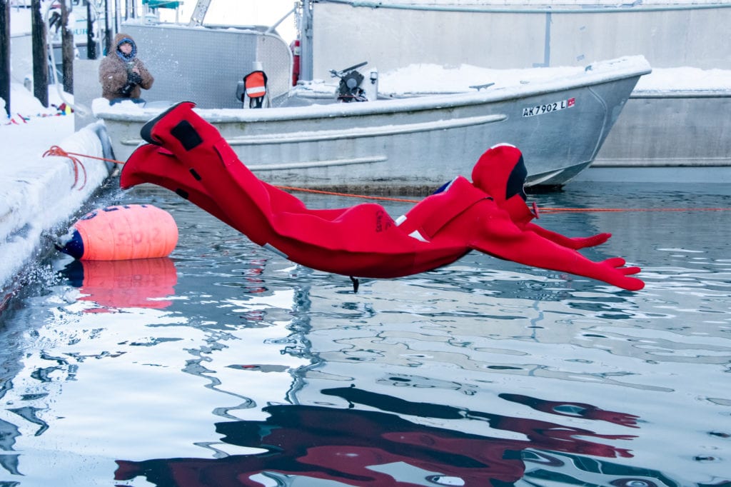 Iceworm Survival Suit Races competitors swam through the icy waters of Cordova Harbor. (Feb. 1, 2020) Photo by Zachary Snowdon Smith/The Cordova Times